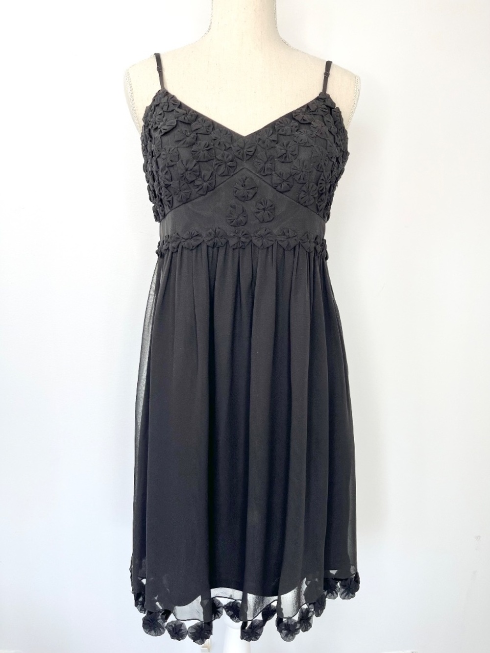 Sue Wong Sheer Black Silk Slip Dress with Rosette Appliqué Tassel Fringe